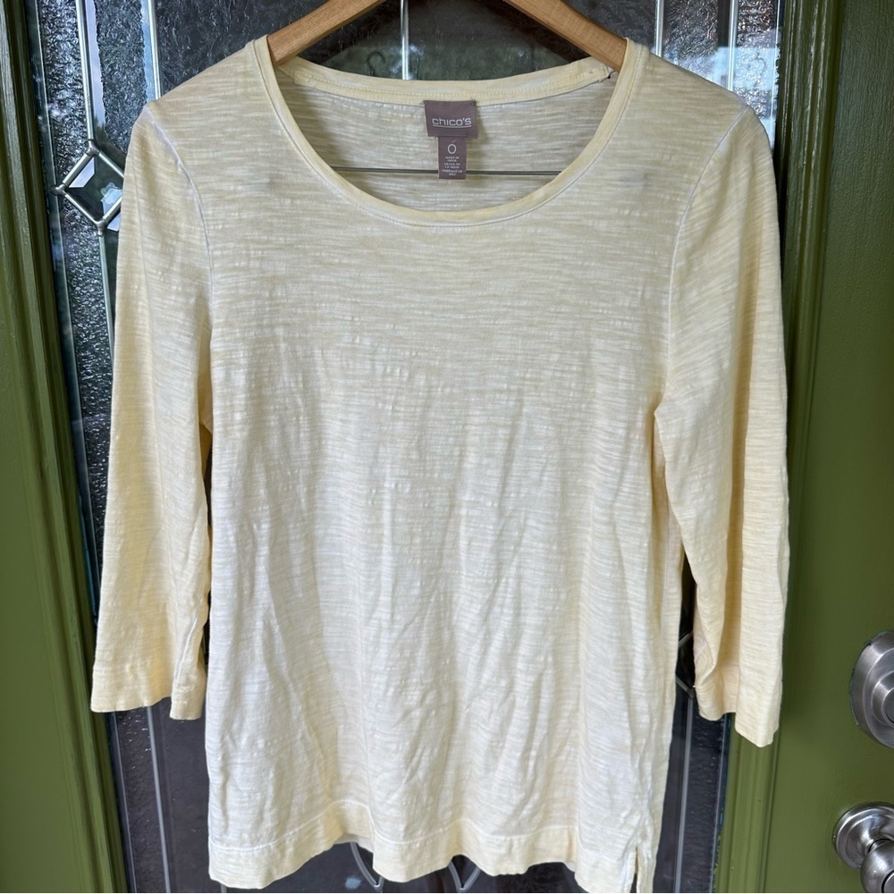 Chicos small slub knit cotton butter yellow 3/4 sleeve causal scoop neck shirt